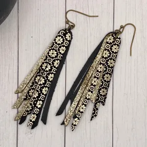 2.75 Genuine Leather Black and Gold Fringe Earrings
