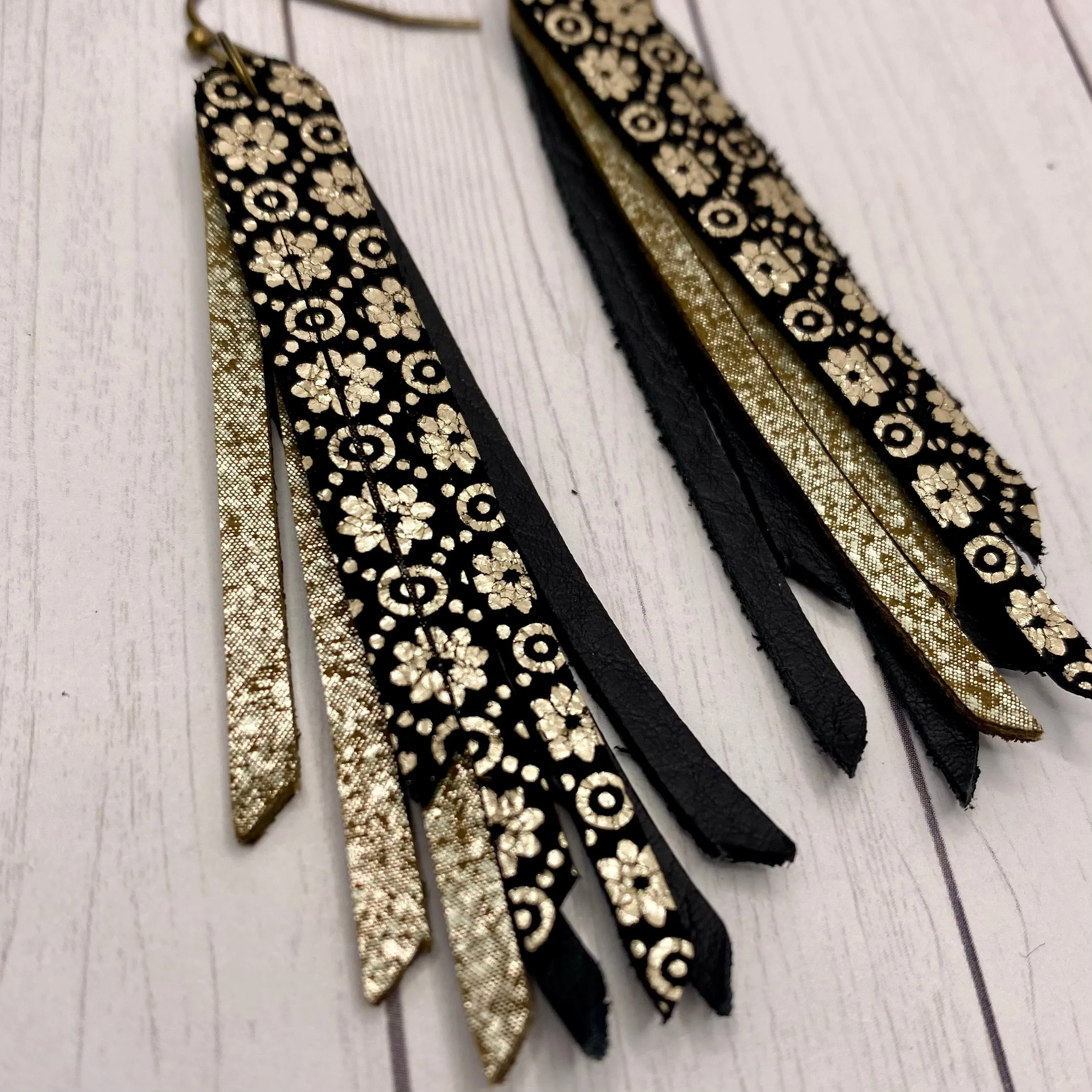 2.75 Genuine Leather Black and Gold Fringe Earrings