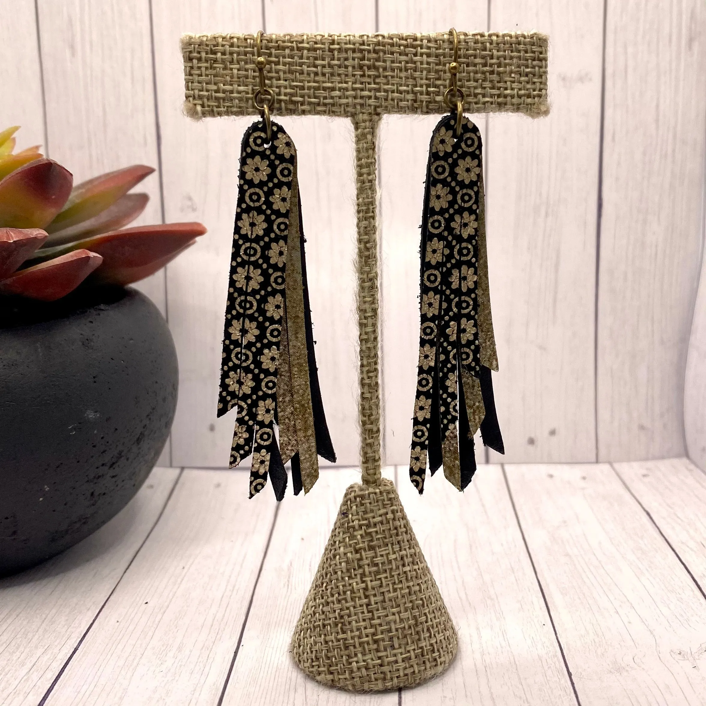2.75 Genuine Leather Black and Gold Fringe Earrings