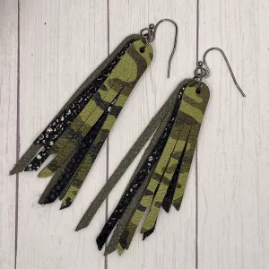 2.75 Genuine Leather Camo Fringe Earrings