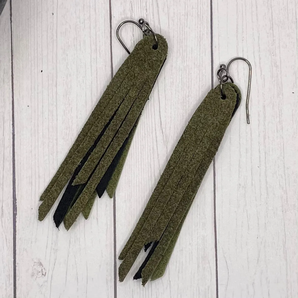 2.75 Genuine Leather Camo Fringe Earrings