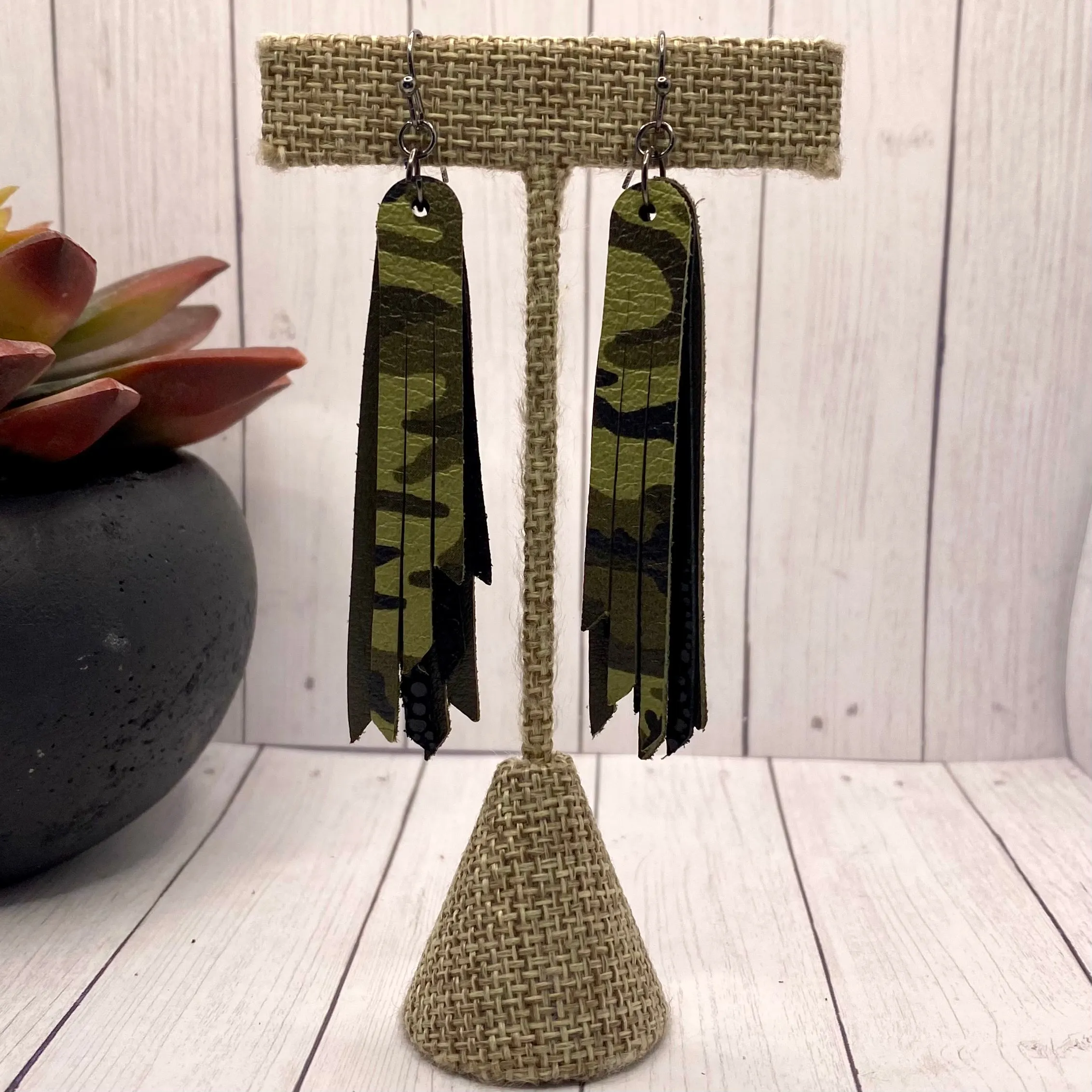 2.75 Genuine Leather Camo Fringe Earrings