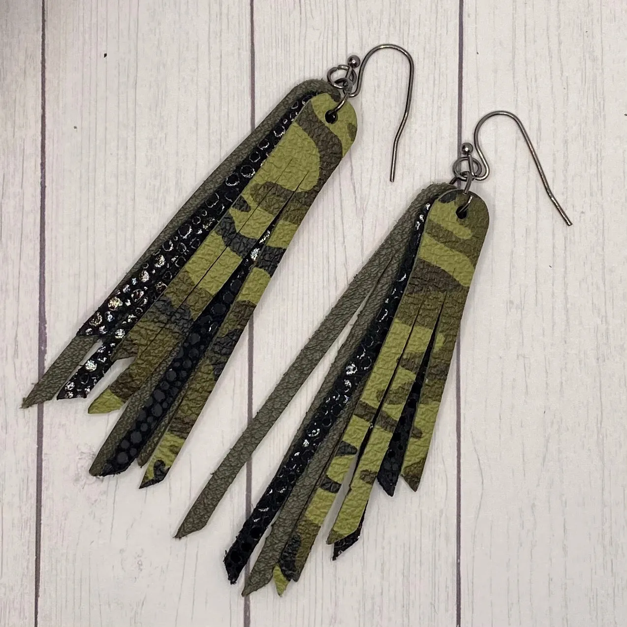 2.75 Genuine Leather Camo Fringe Earrings