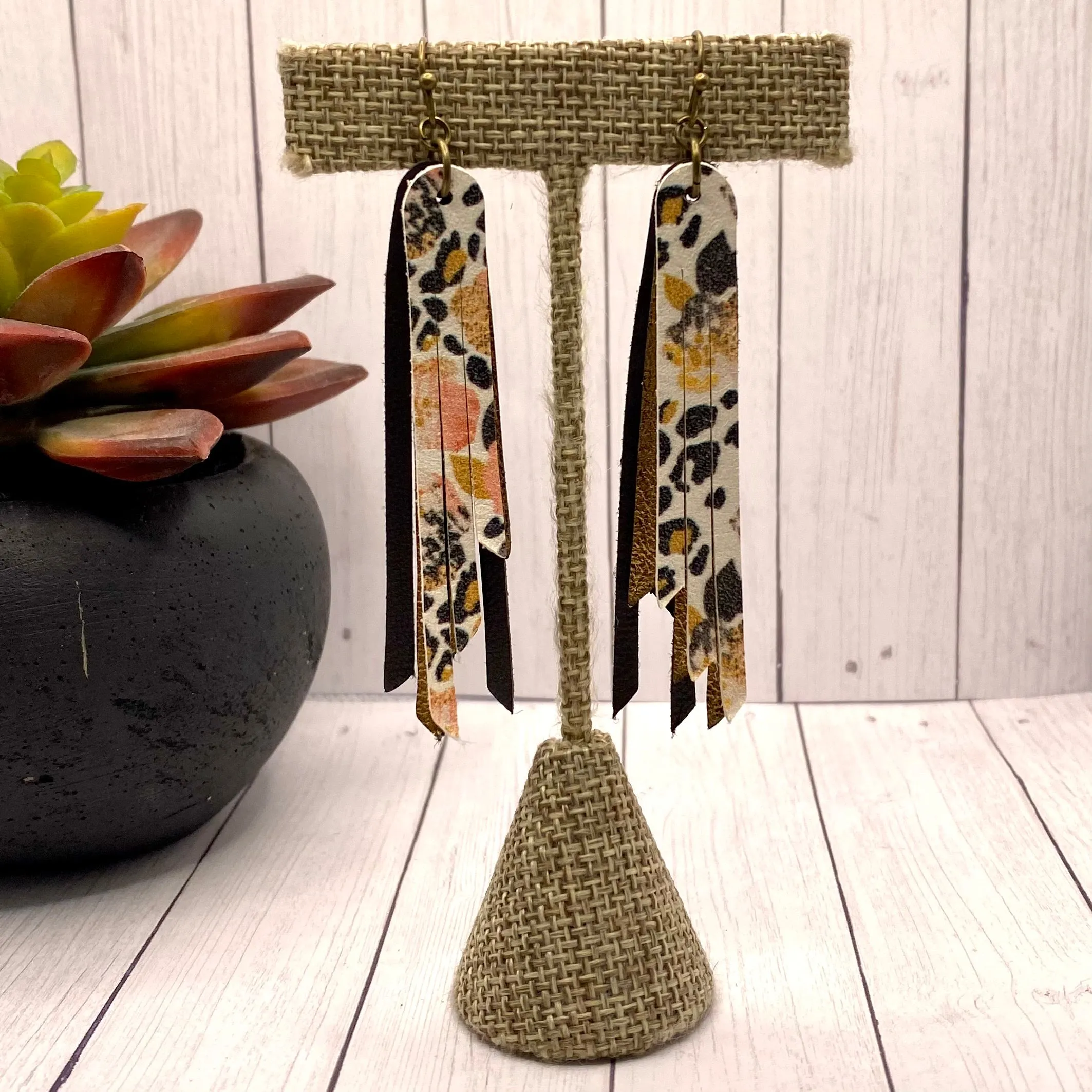 2.75 Genuine Leather Floral Fringe Earrings
