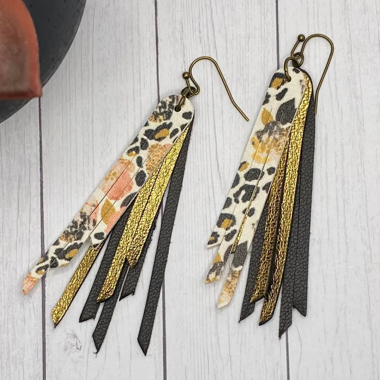 2.75 Genuine Leather Floral Fringe Earrings