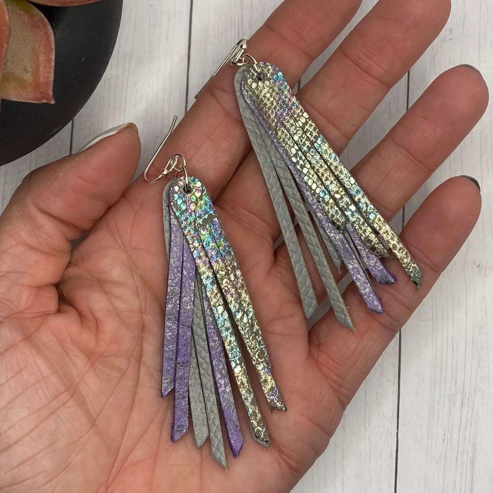 2.75 Genuine Leather Gray and Purple Animal Fringe Earrings