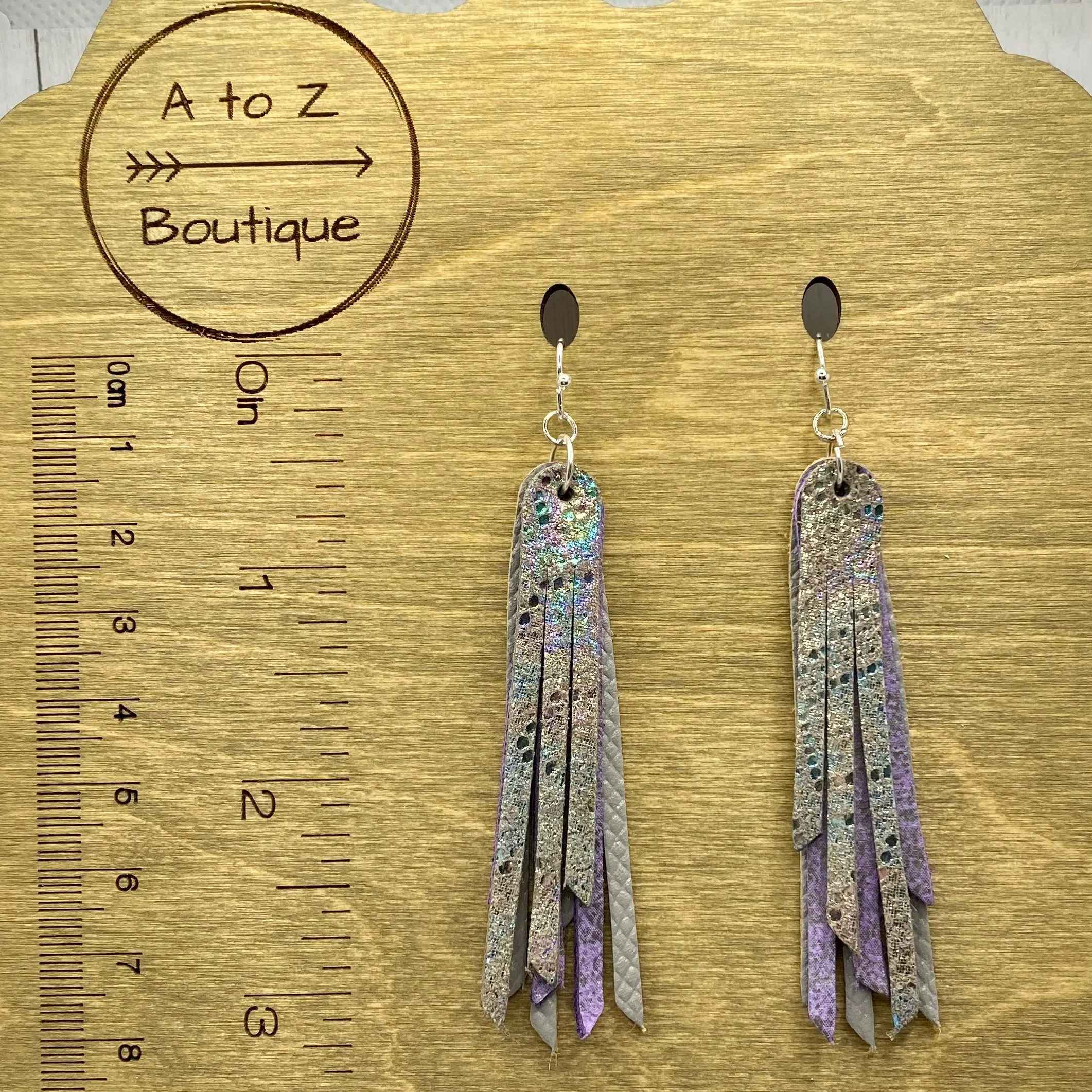 2.75 Genuine Leather Gray and Purple Animal Fringe Earrings