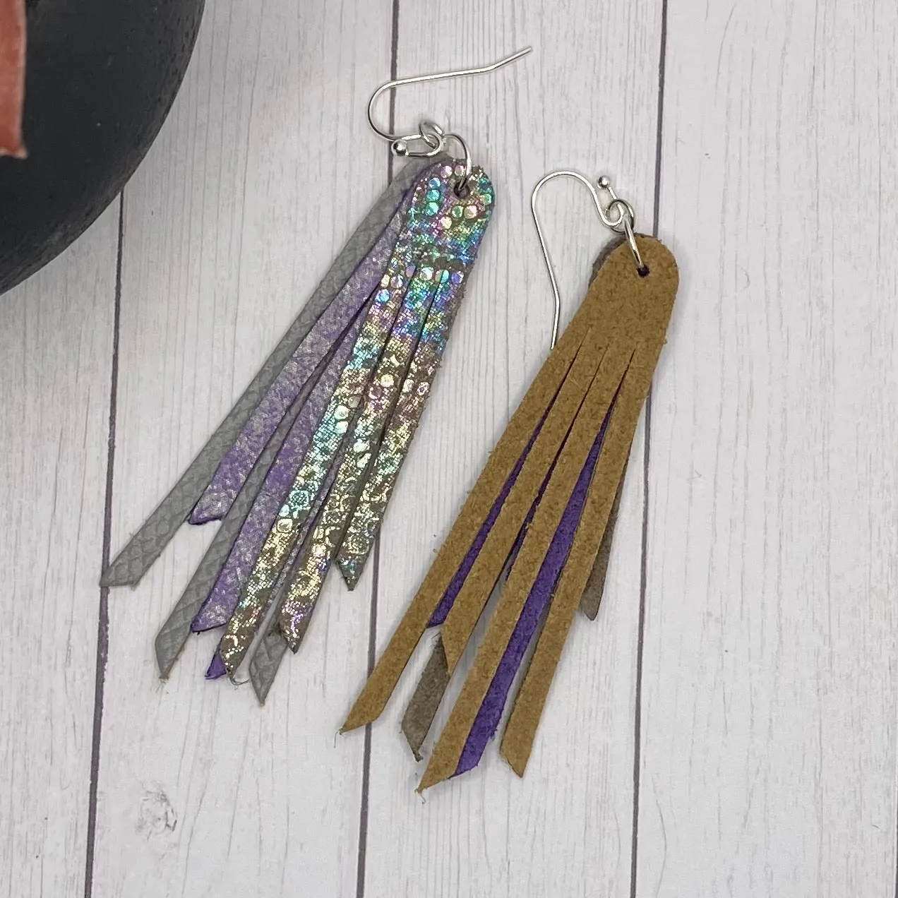 2.75 Genuine Leather Gray and Purple Animal Fringe Earrings