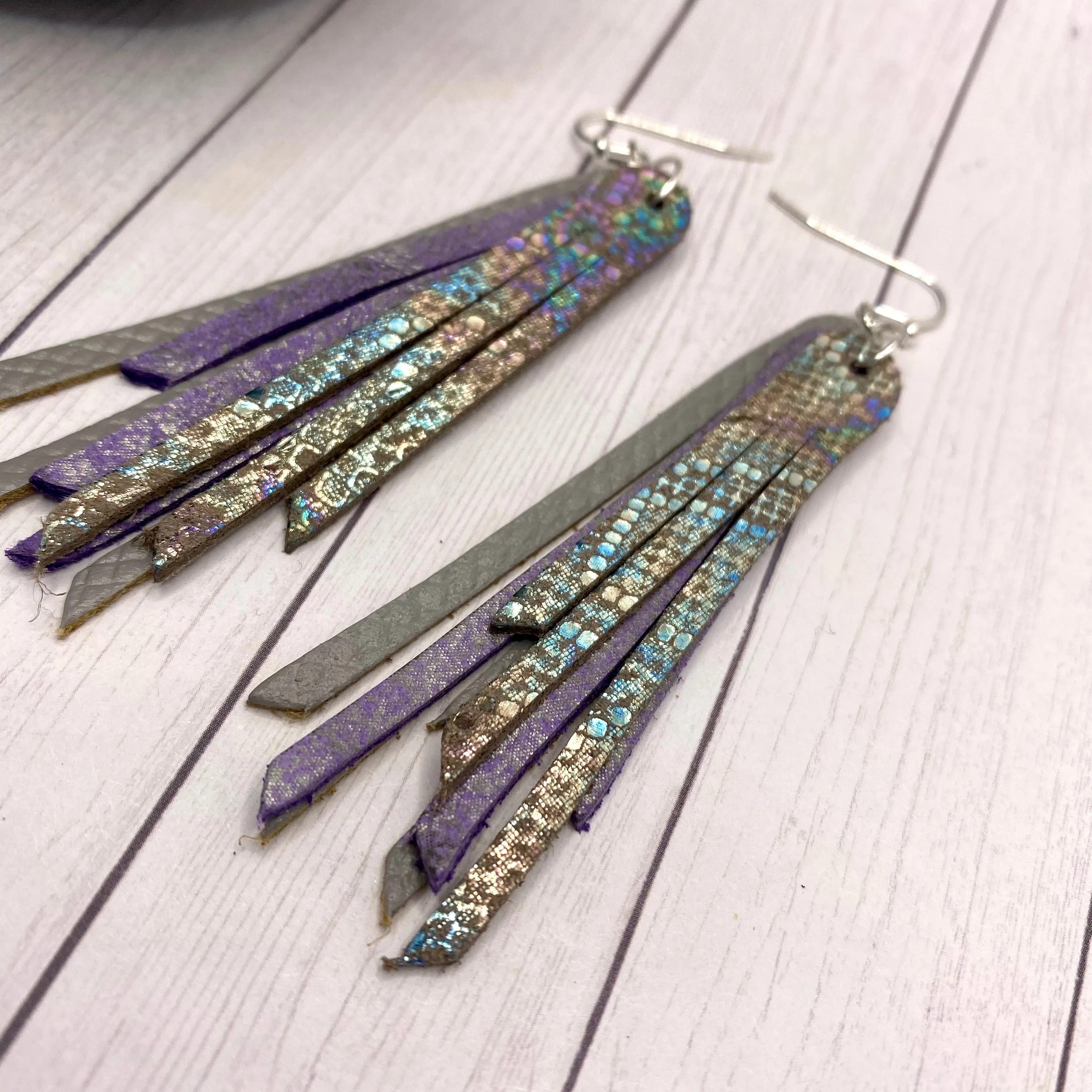 2.75 Genuine Leather Gray and Purple Animal Fringe Earrings