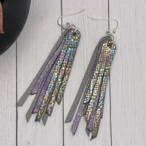 2.75 Genuine Leather Gray and Purple Animal Fringe Earrings