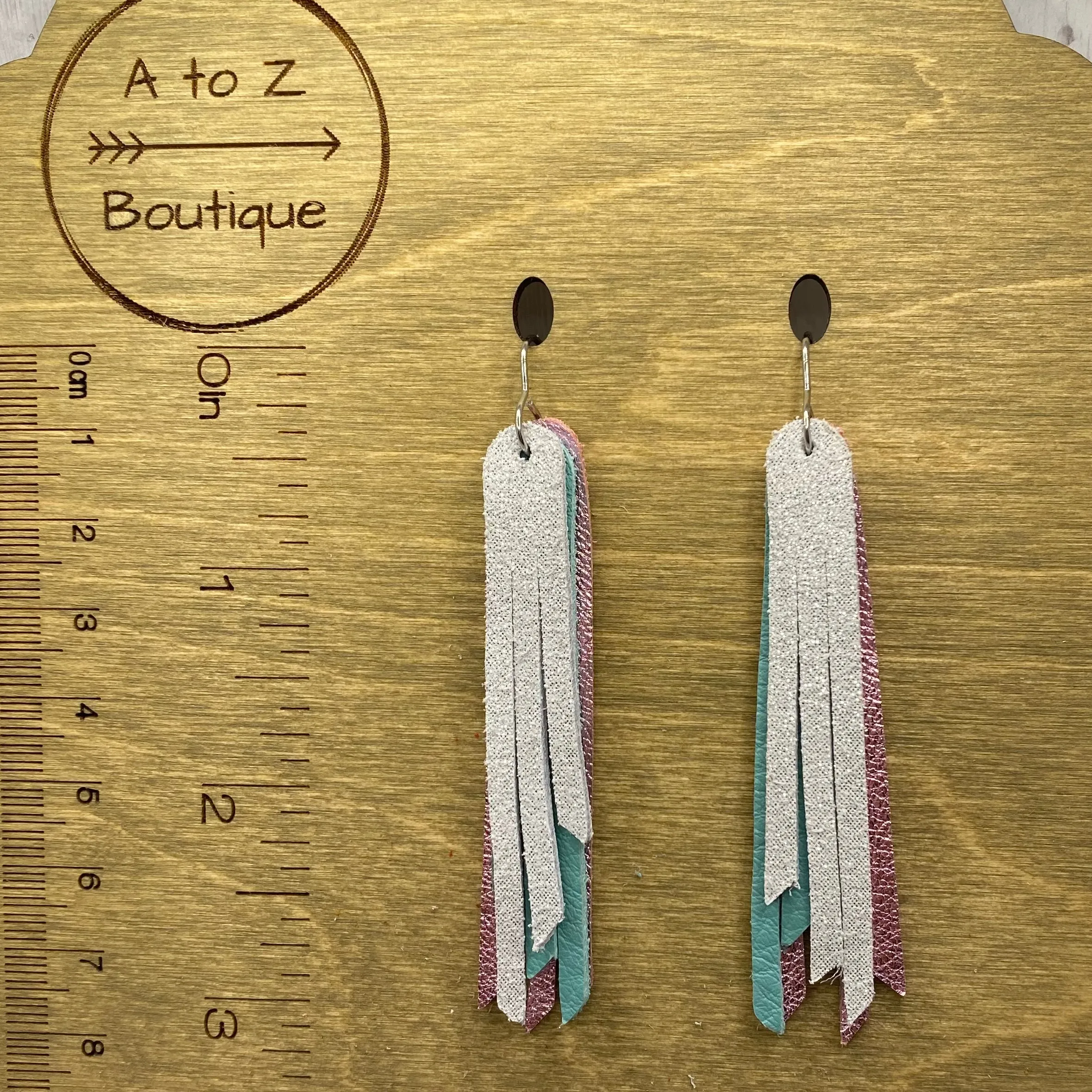 2.75 Genuine Leather Pink Teal White Fringe Earrings