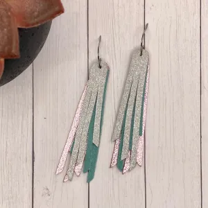2.75 Genuine Leather Pink Teal White Fringe Earrings