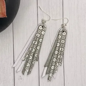 2.75 Genuine Leather White and Silver Fringe Earrings