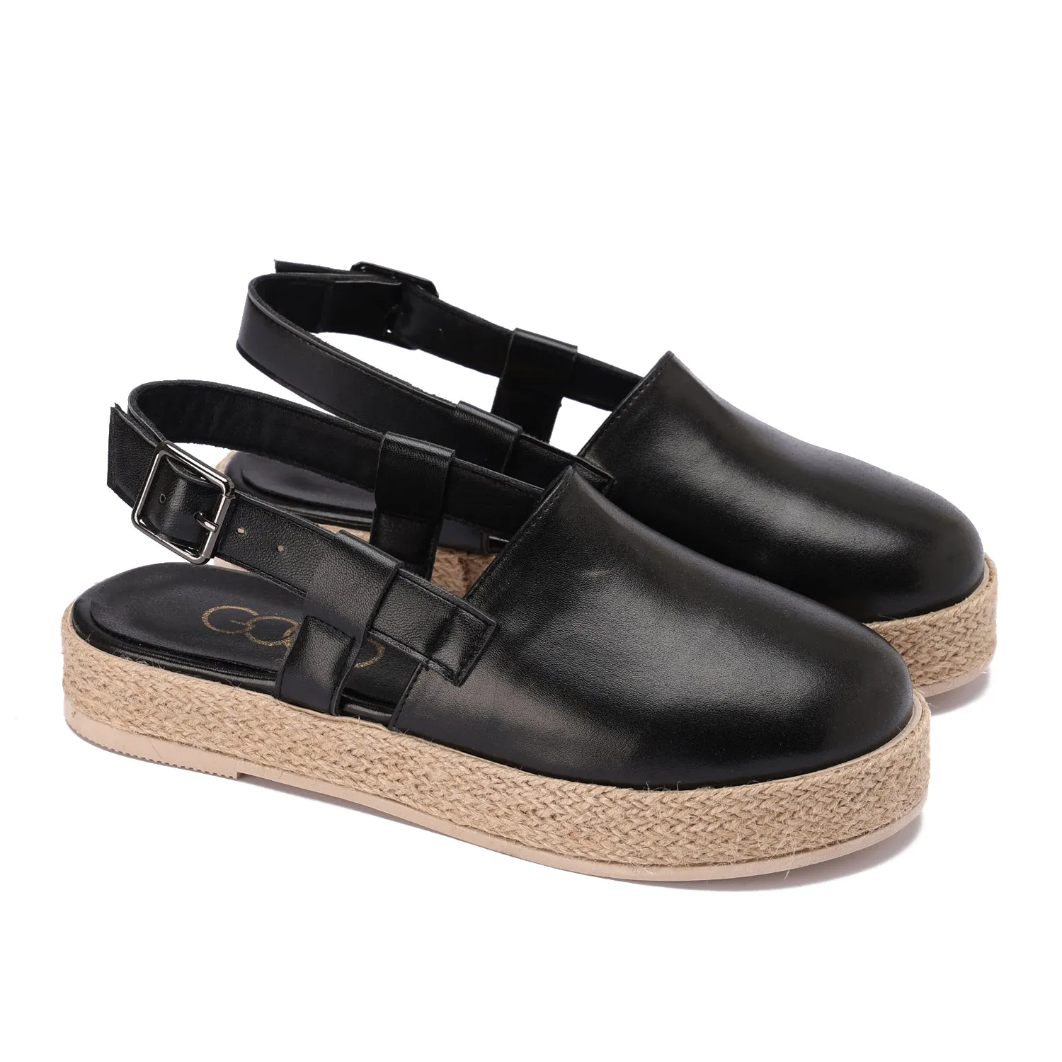Buckled Strap Espadrille Clog - Black