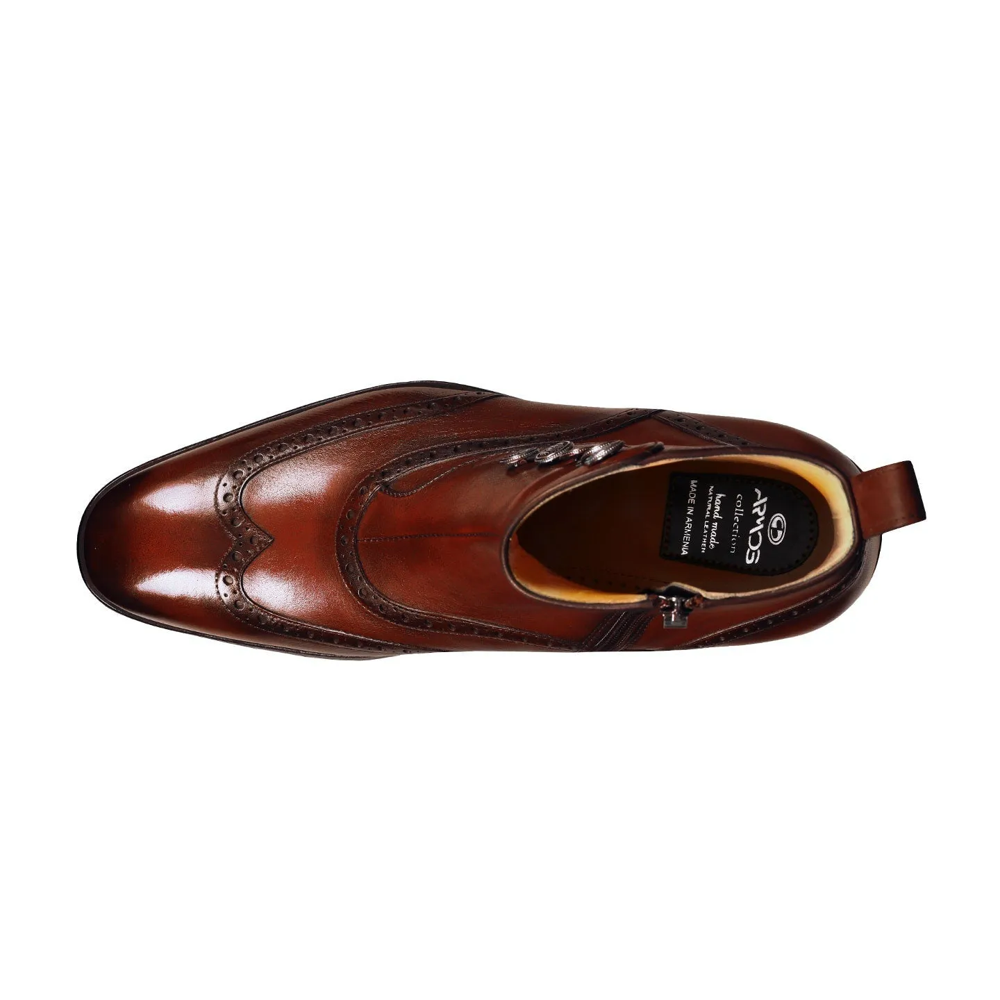Cognac Leather Brogue Boots with Decorative Buttons