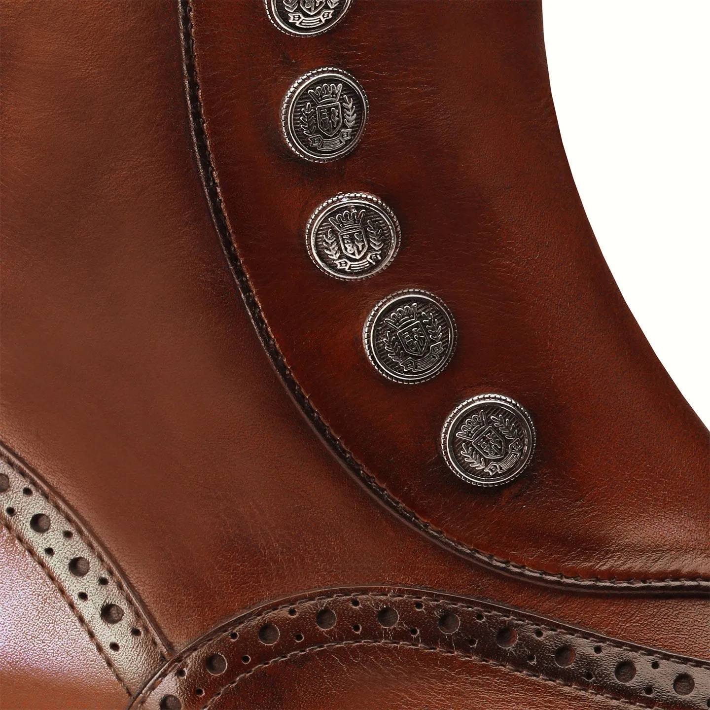 Cognac Leather Brogue Boots with Decorative Buttons
