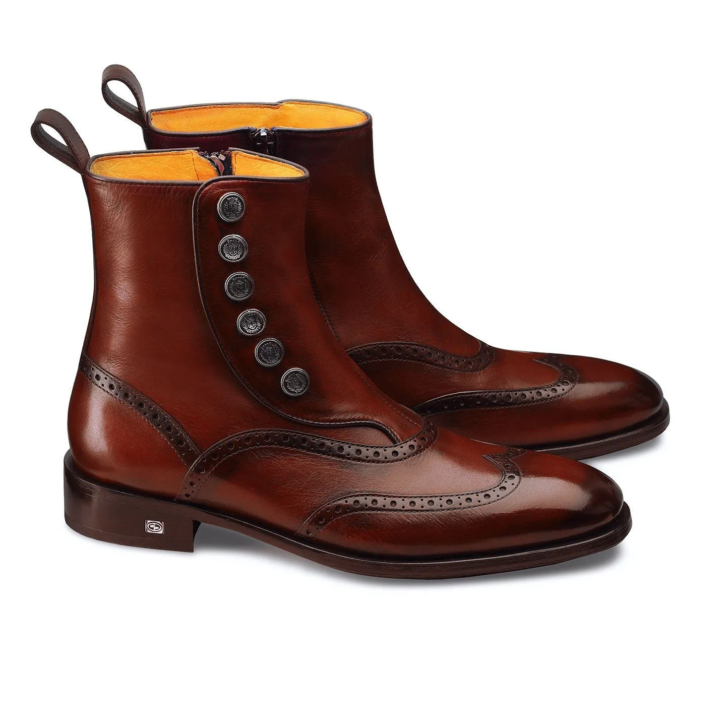 Cognac Leather Brogue Boots with Decorative Buttons