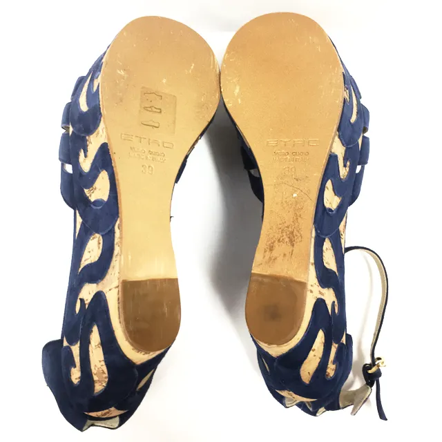 ETRO SUEDE APPLIQU CORK PLATFORM SANDALS SIZE 39