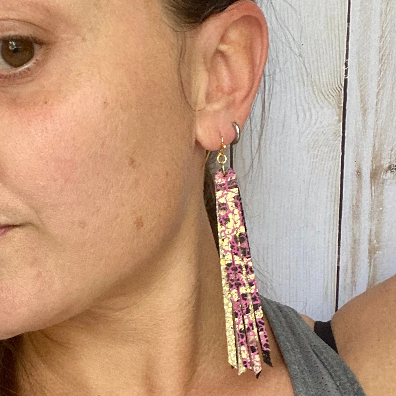 Genuine Leather Pink Leopard Fringe Earrings