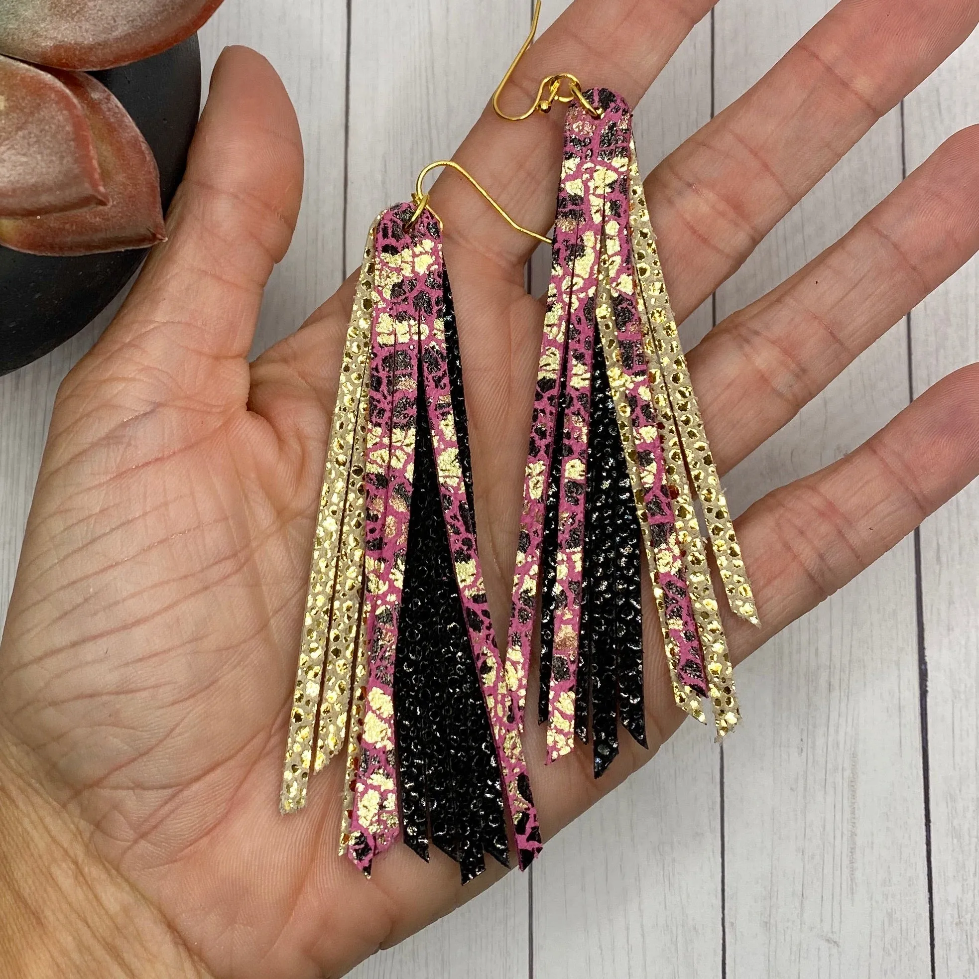 Genuine Leather Pink Leopard Fringe Earrings