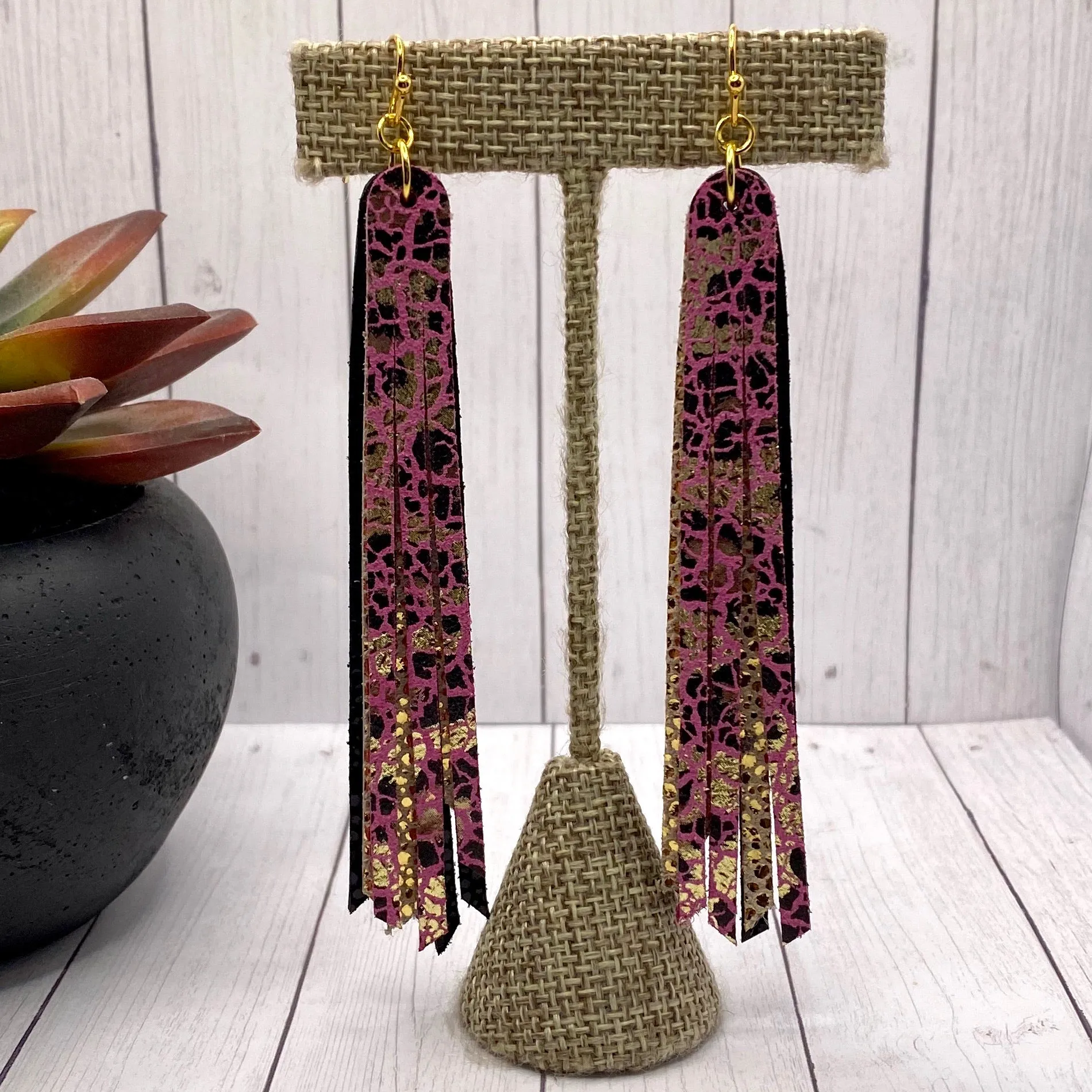 Genuine Leather Pink Leopard Fringe Earrings