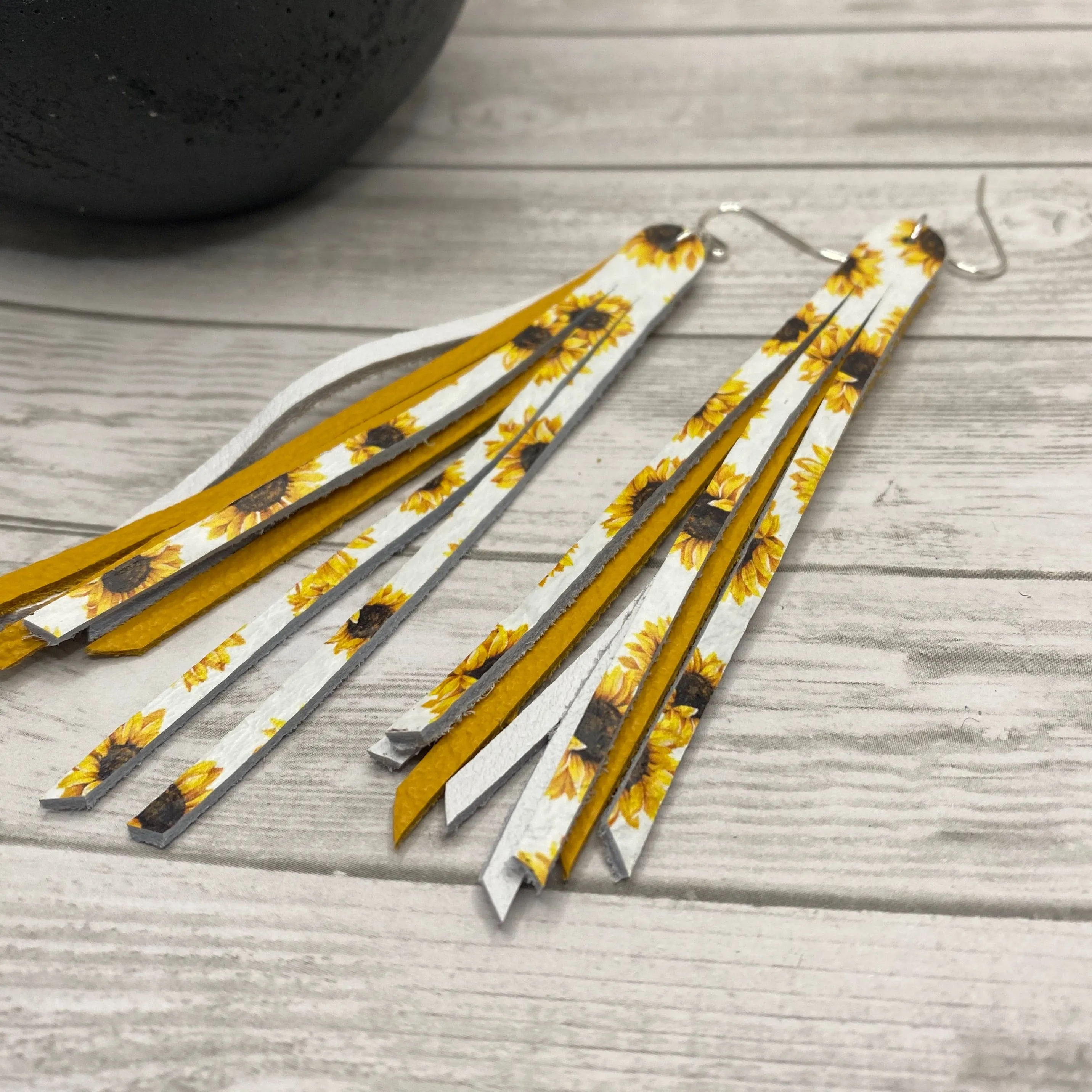 Genuine Leather Sunflower Fringe Earrings