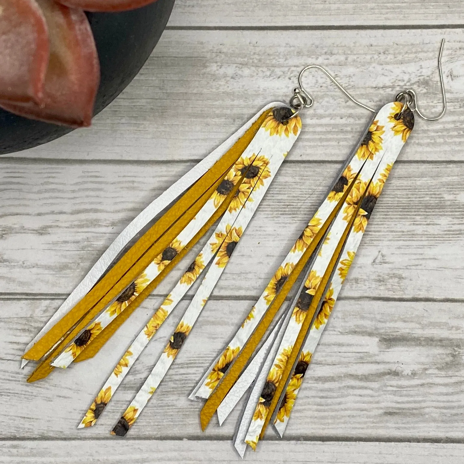 Genuine Leather Sunflower Fringe Earrings