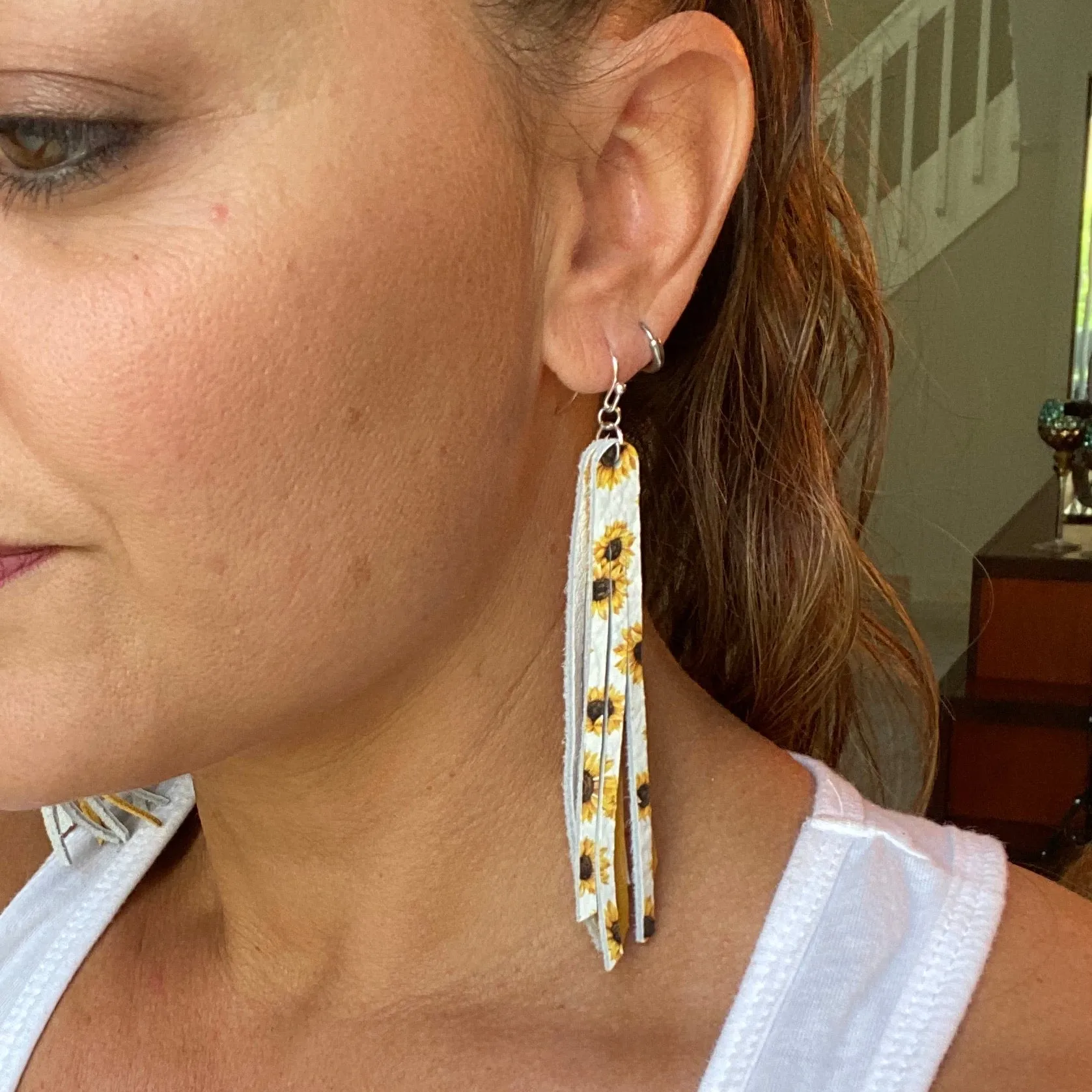 Genuine Leather Sunflower Fringe Earrings
