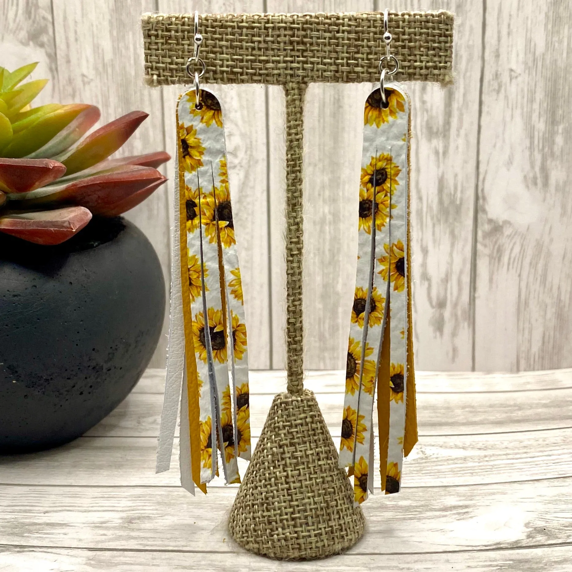 Genuine Leather Sunflower Fringe Earrings