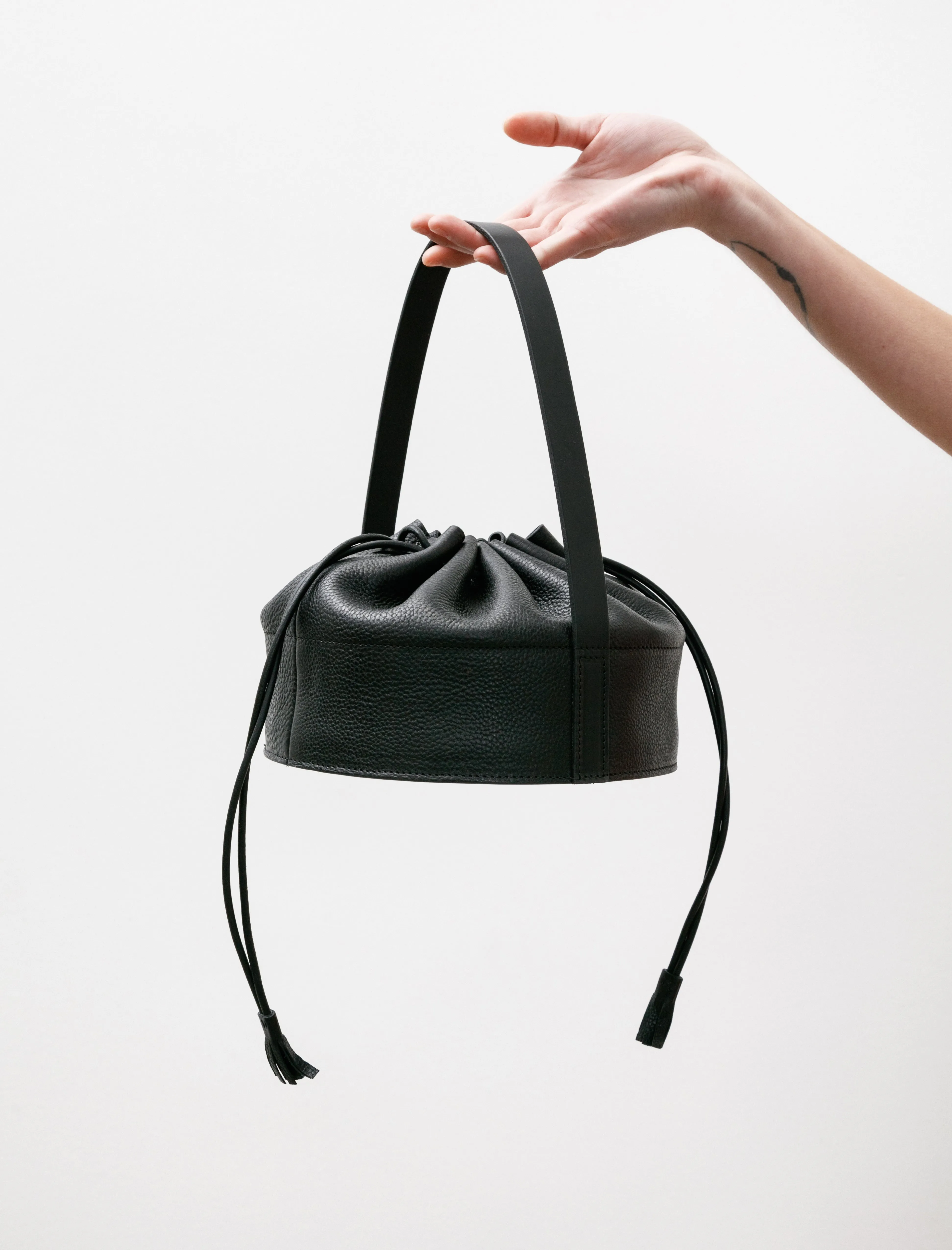 Leather Drawstring Collar Bag Black