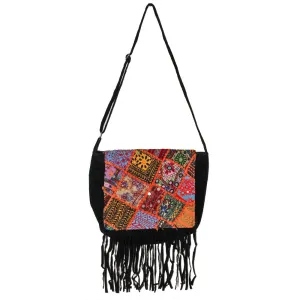 Mirror Work Fabric Patchwork Embroidery Pattern Vintage Canvas Fringe Suede Crossbody Bag