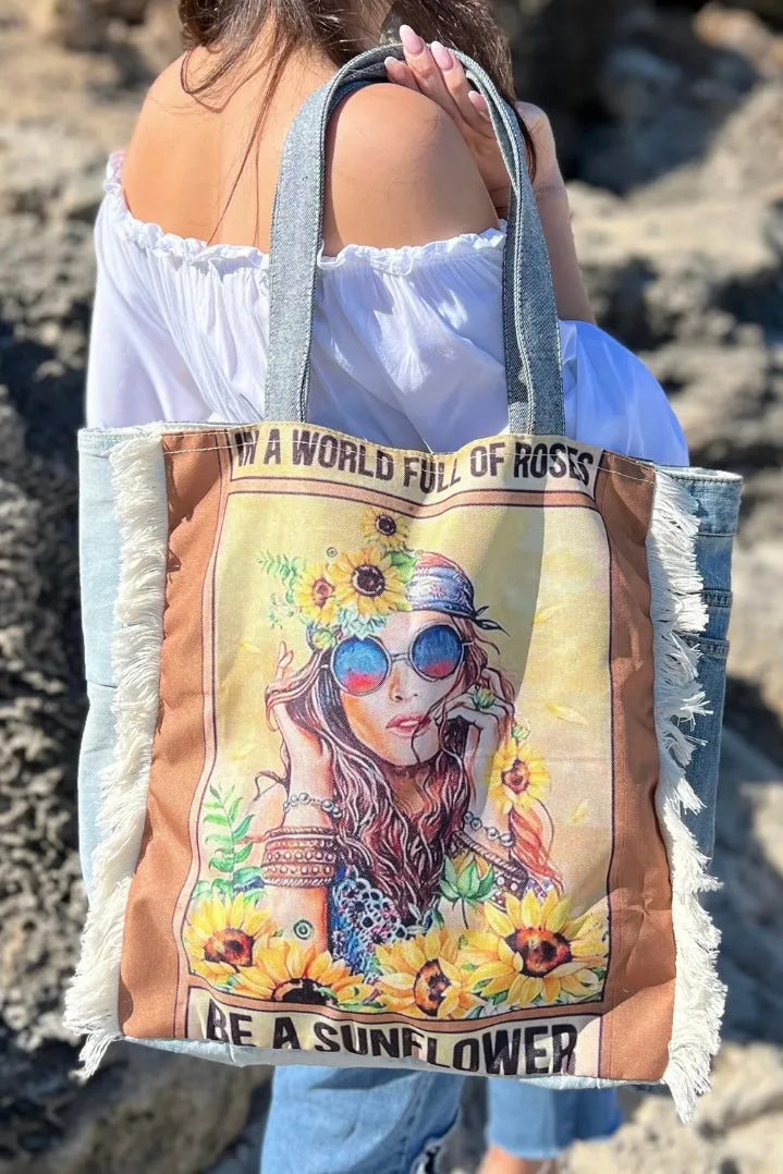 SUNFLOWER VINTAGE DENIM TOTE
