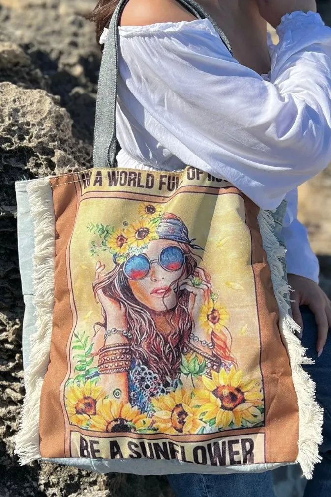 SUNFLOWER VINTAGE DENIM TOTE