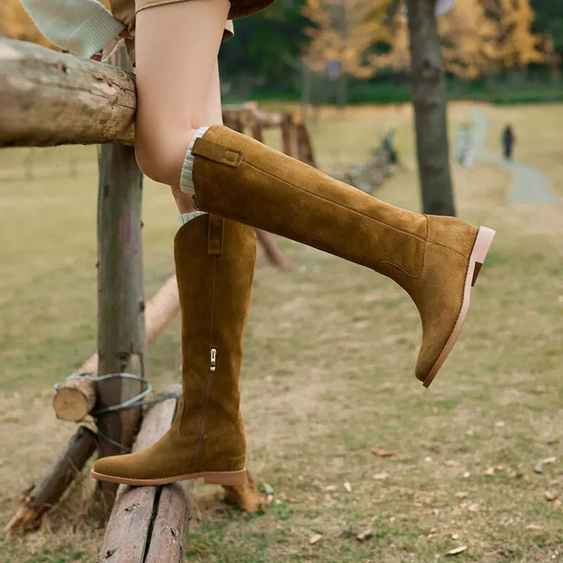 Vintage Cowhide Leather Knee-High Riding Boots with Side Zipper and Low Block Heel in Black/Yellow