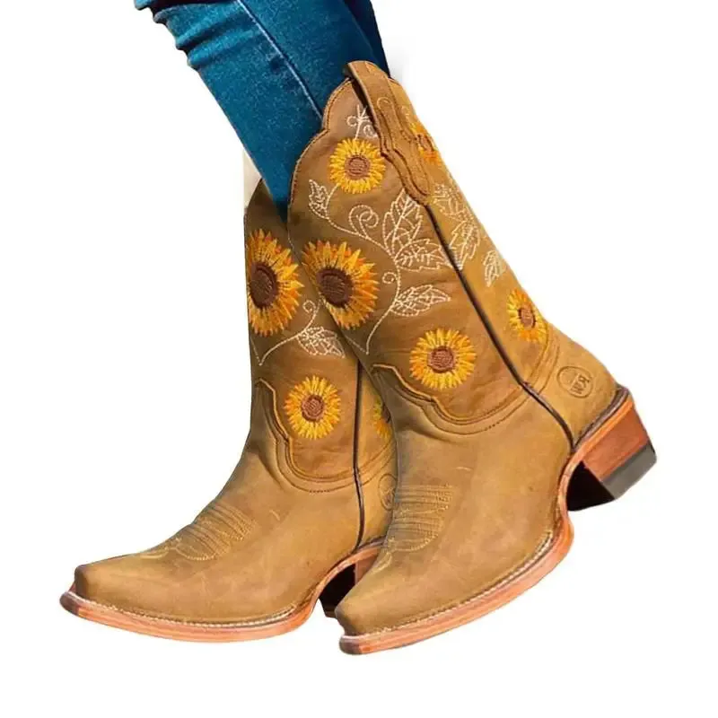 Women’s Cowboy Boots – Sunflower Floral Boho Coffee Western Boots