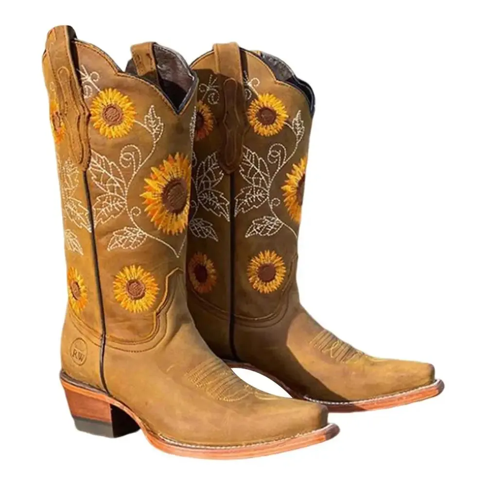 Women’s Cowboy Boots – Sunflower Floral Boho Coffee Western Boots