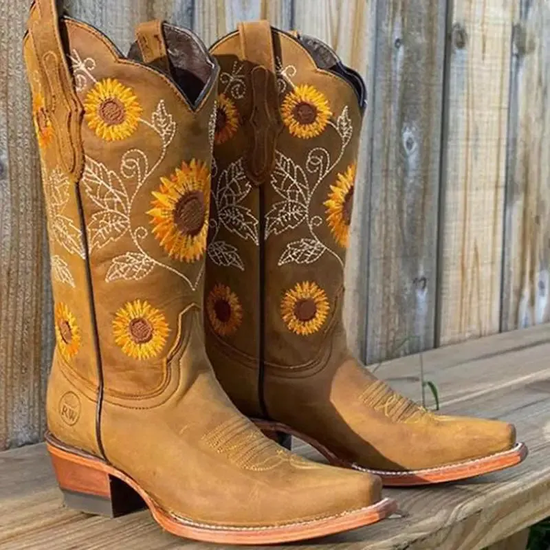 Women’s Cowboy Boots – Sunflower Floral Boho Coffee Western Boots